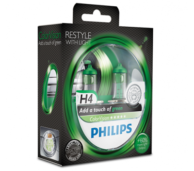 Крушки H4 Philips Color Vision Green 60/55W к-т